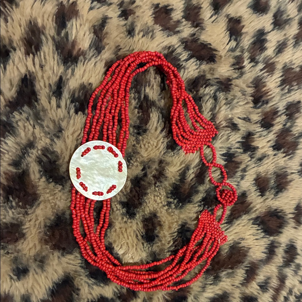 Vibrant Red Beaded coral Necklace with Shell Accent